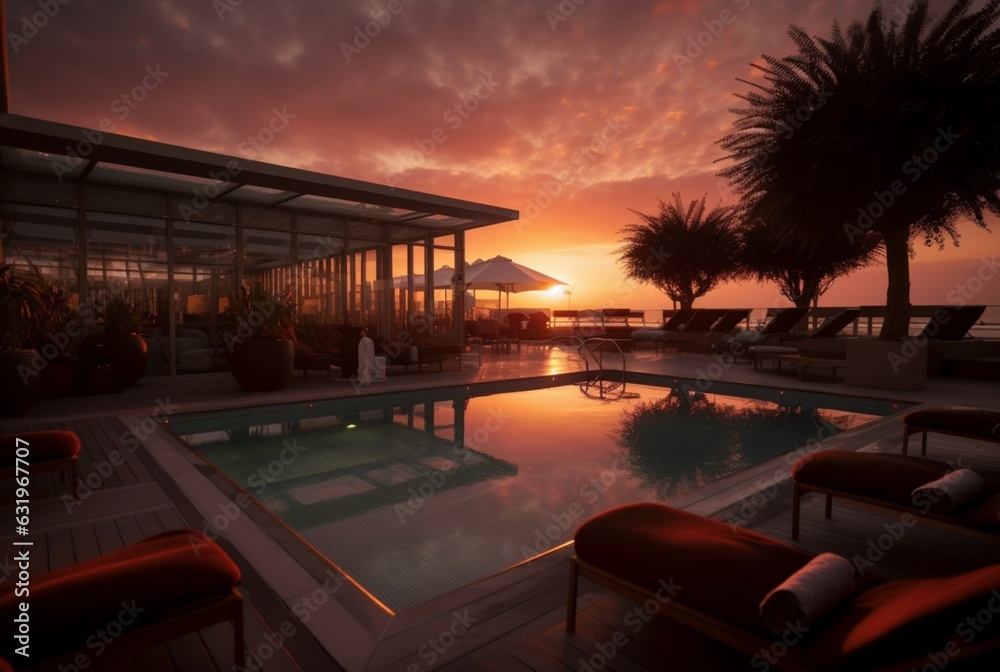 rooftop hotel with swimming pool and beautiful sunset in the evening. generative ai