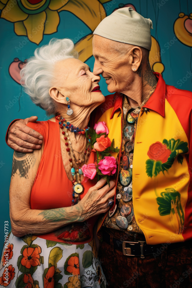 Absurd surreal fashion for elderly tattooed couple. Generative AI