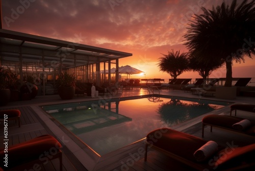 rooftop hotel with swimming pool and beautiful sunset in the evening. generative ai © LivroomStudio