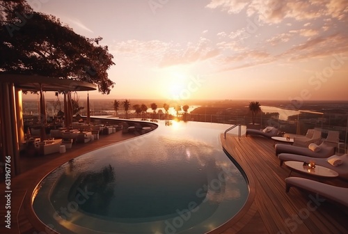 rooftop hotel with swimming pool and beautiful sunset in the evening. generative ai © LivroomStudio