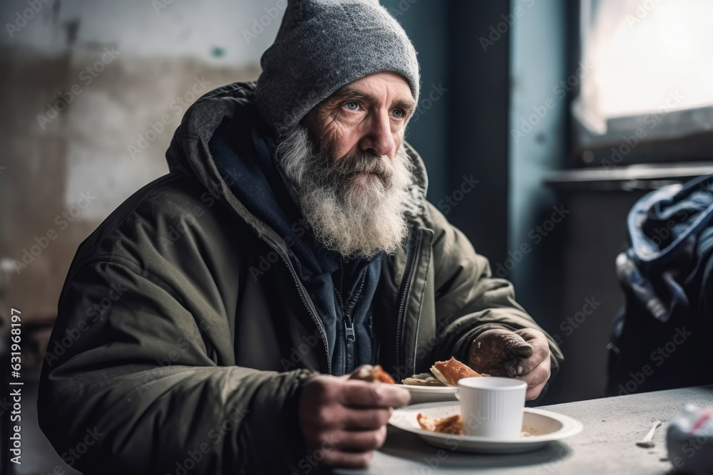 Poor homeless man with hot food in warming center Poor homeless man with hot food in warming center