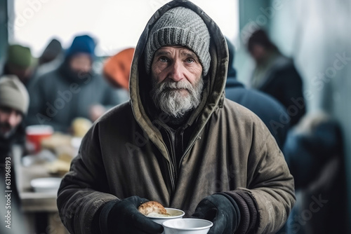 Poor homeless man with hot food in warming center