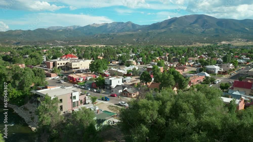 Salida Colorado aerial cinematic drone mid summer downtown S Lime Mill near Buena Vista on Arkansas River Riverside Park Scout surfing biking hiking rafting Rocky Mountain forward neighborhood motion Salida Colorado aerial cinematic drone mid summer downtown S Lime Mill near Buena Vista on Arkansas River Riverside Park Scout surfing biking hiking rafting Rocky Mountain forward neighborhood motion