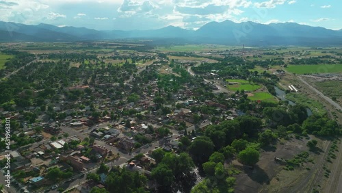 Salida Colorado aerial cinematic drone mid summer downtown S Lime Mill near Buena Vista on Arkansas River Riverside Park Scout surfing wave biking hiking rafting Rocky Mountain forward up movement photo