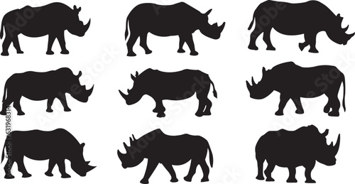 Set of rhinoceros silhouettes.  Rhinoceros icons set. Rhino animal silhouettes. Vector illustration © VYCstore