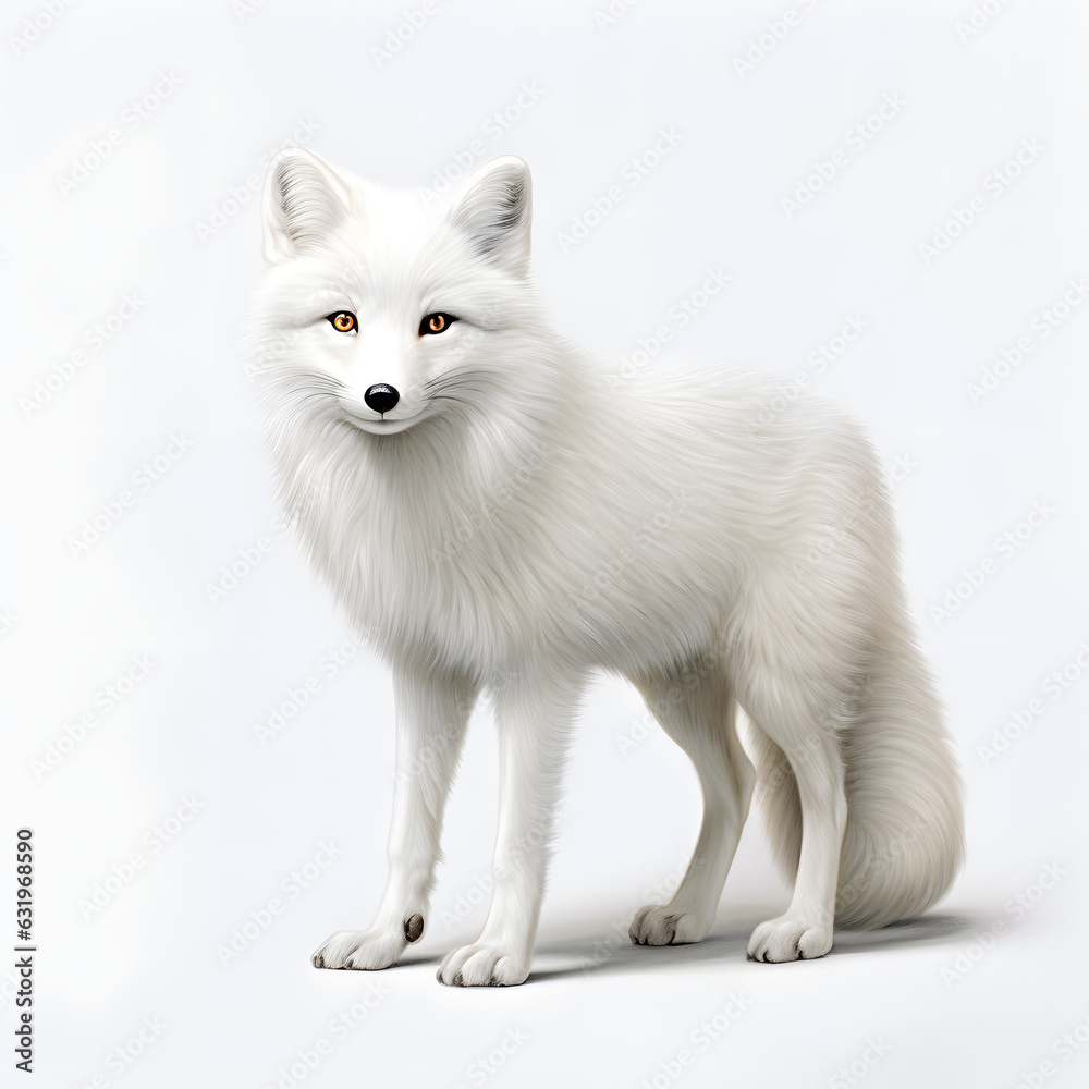 Brushstroke watercolor style realistic full body portrait of a arctic fox on white background Generated by AI 02