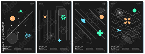 Trendy abstract brutalism poster set with memphis geometric shapes on black background. Modern brutalist style minimal prints design with simple graphic elements. Brutal y2k print vector eps templates
