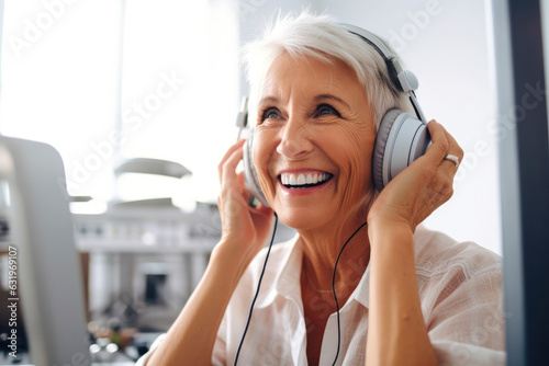 Portrait of a senior woman having a hearing check-up at soundproof audio metric booth, using audiometry headphones and audiometer photo