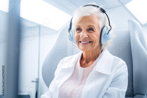 Portrait of a senior woman having a hearing check-up at soundproof audio metric booth, using audiometry headphones and audiometer