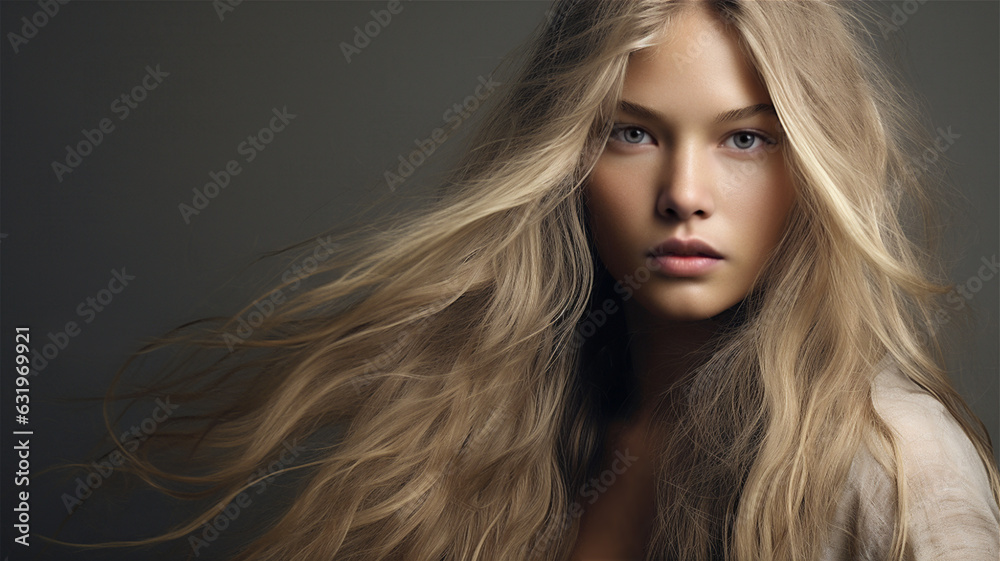 Fototapeta premium Studio portrait of a glamorous female, fashion model with long flowing hair blowing in the wind. Blond hair model with perfect skin.