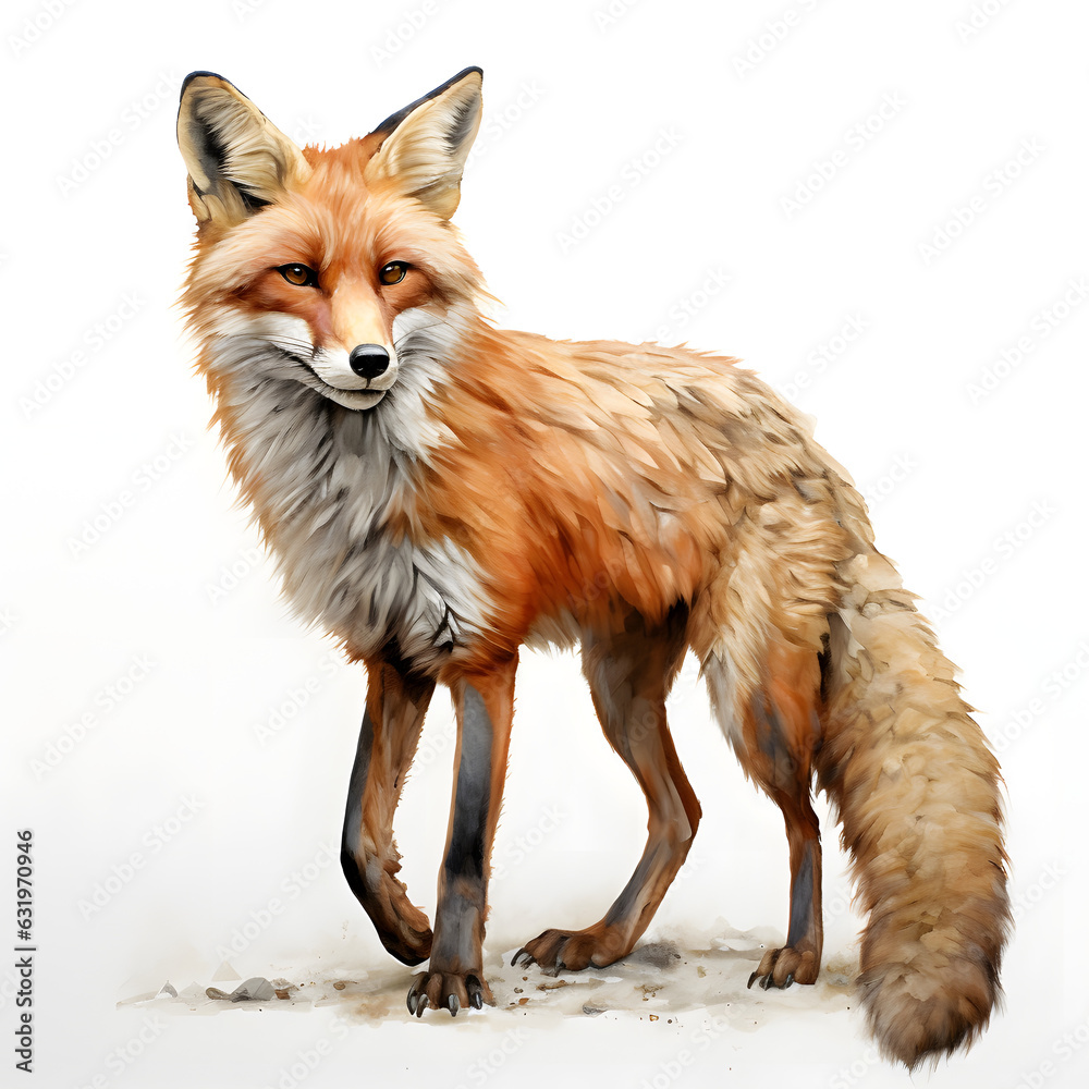 Brushstroke watercolor style realistic full body portrait of a fox on white background Generated by AI 01