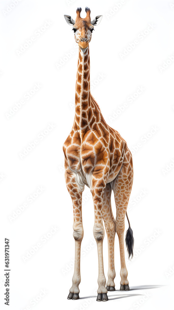 Brushstroke watercolor style realistic full body portrait of a giraffe on white background Generated by AI 03