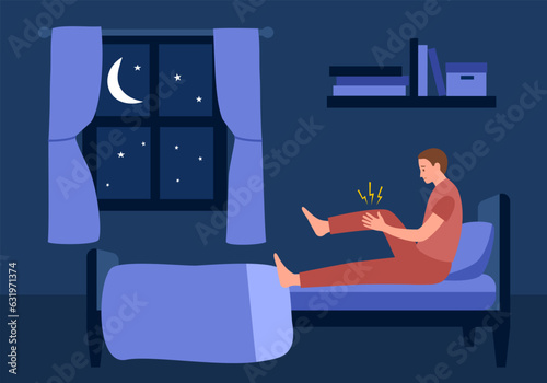 Man suffering from leg pain at night in flat design.