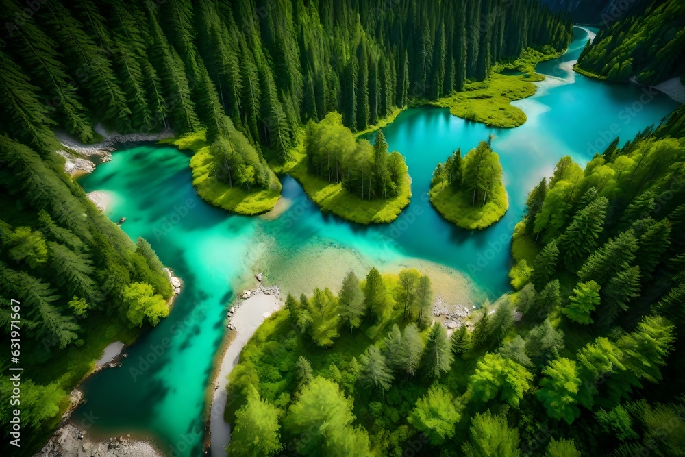mountain river in the forest, Scenic aerial view of the mountain landscape with a forest and the crystal blue river drone view mountain river in the forest, Scenic aerial view of the mountain landscape with a forest and the crystal blue river drone view