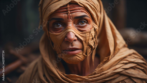 Realistic portrait of an adult woman dressed as a mummy, perfectly characterized for Halloween