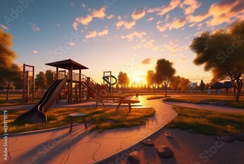 Children's recreation park with beautiful sunrise in the morning. generative ai