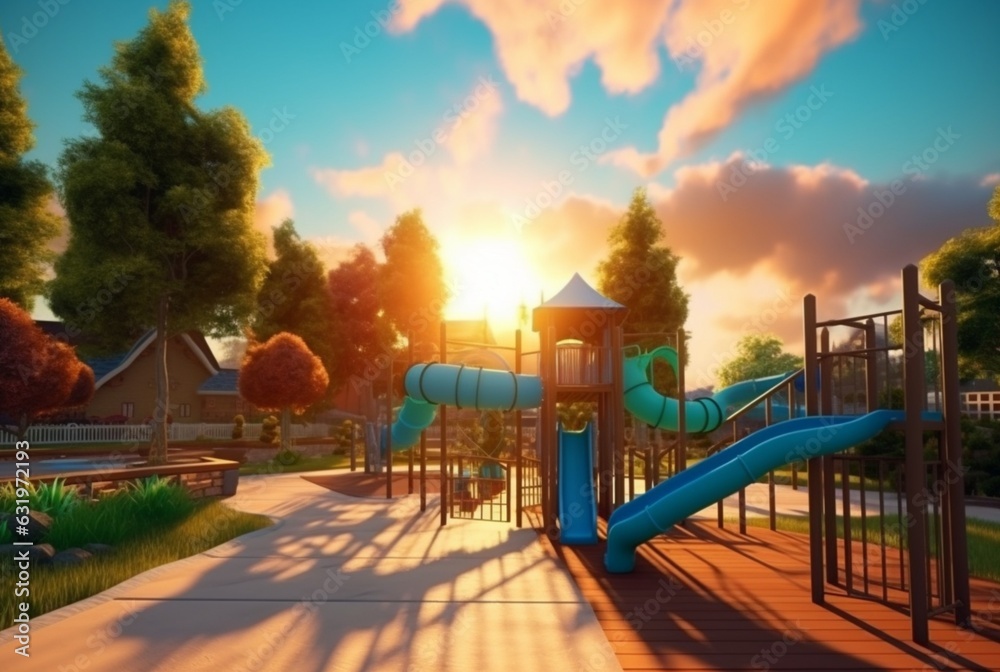 Children's recreation park with beautiful sunrise in the morning. generative ai