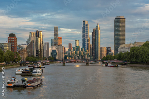 Lambeth bridge over river Thames and the slyline of Vauxhall district with modern buildings and towers  in South London, UK