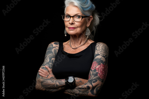 Elderly people with full sleeve arm tattoos. Generative AI