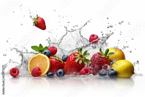 assorted fresh fruits with water splashes isolated on white background. generative ai