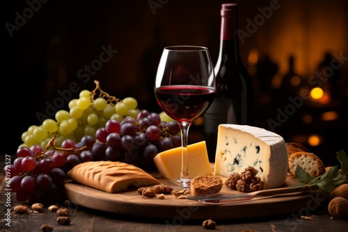 Glass Of Red Wine With Cheese And Grape  Generative AI