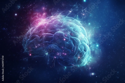 Human brain showing intelligent thought processing through neural network printed circuit concept