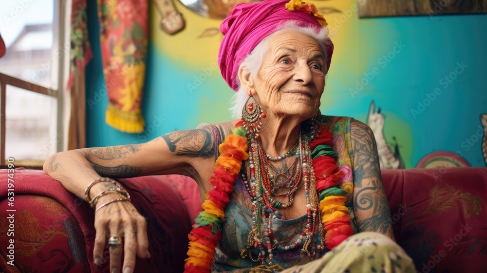 Fototapeta premium Tattooed Old people cool outfits. Living their best lives. Generative AI