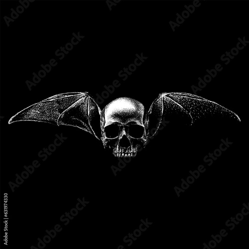 skull with bat wings hand drawing vector isolated on black background.