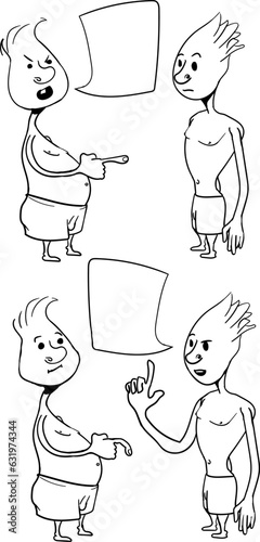 Two characters are standing and arguing about something serious.