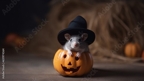 Rat in witch hat sitting on top of a carved jack o lantern pumpkin. Created with Generative AI technology