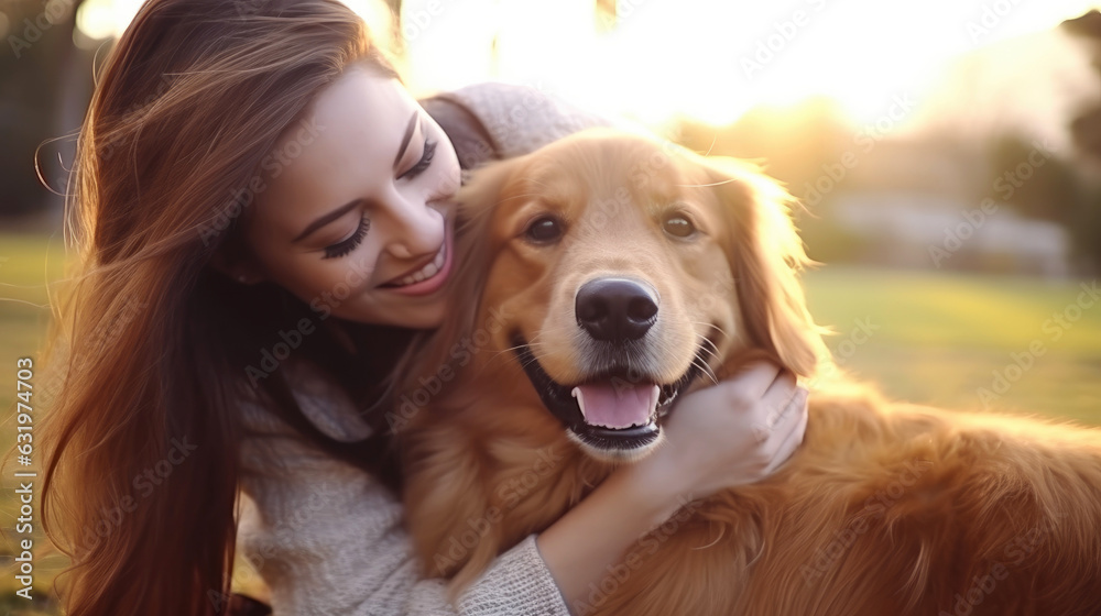 Female playing with a lively and cute pet dog. Generative AI