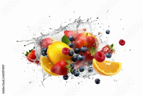 assorted fresh fruits with water splashes isolated on white background. generative ai