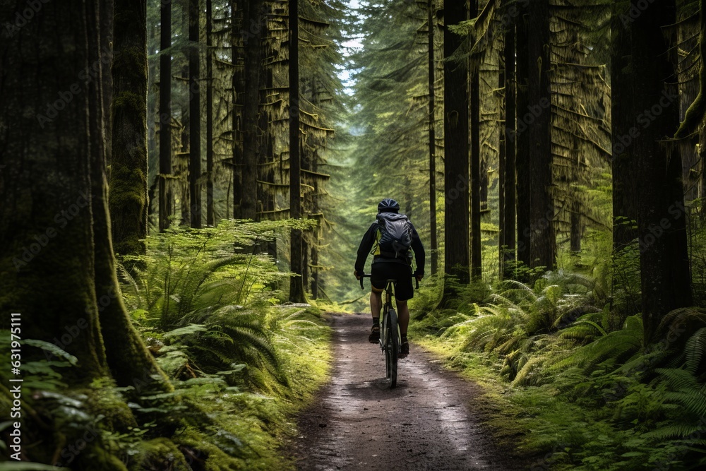 Obraz premium Cyclist Exploring A Serene Forest Trail, Generative AI
