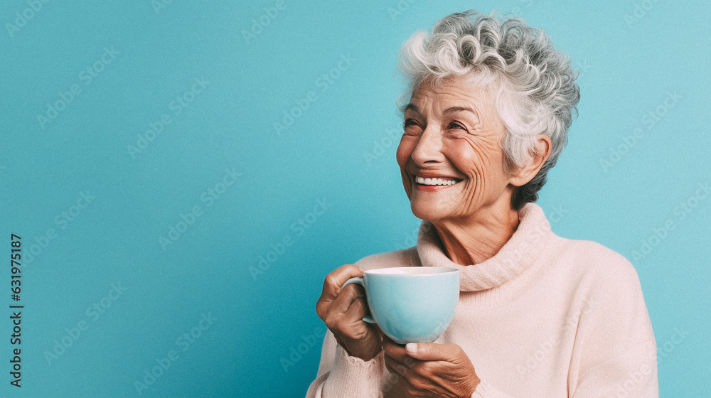 Happy old woman in isolated pastel color studio background Happy old woman in isolated pastel color studio background