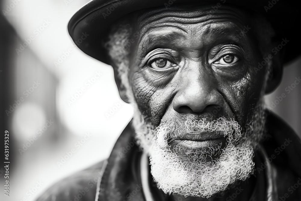 Elderly African American Homeless Man, Closeup Portrait in Black and White
Elderly African American Homeless Man, Closeup Portrait in Black and White