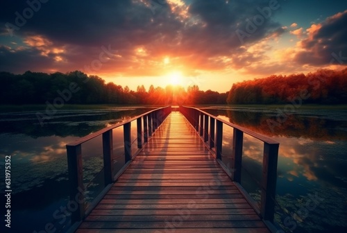 wooden bridge over the lake with beautiful sunset. generative ai