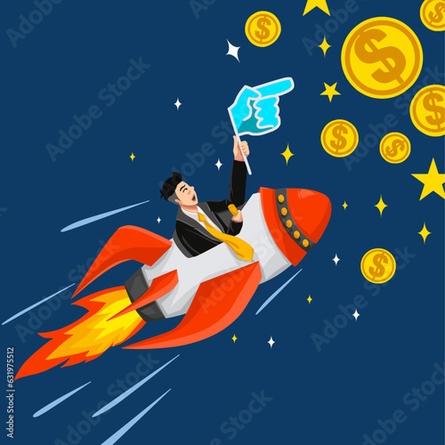 illustration vecto graphic of businessman riding on a rocket towards the money coins. fit for business presentations, financial marketing, motivational poster, website graphic, entrepreunerial event © Byranial