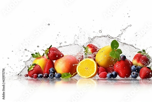 assorted fresh fruits with water splashes isolated on white background. generative ai