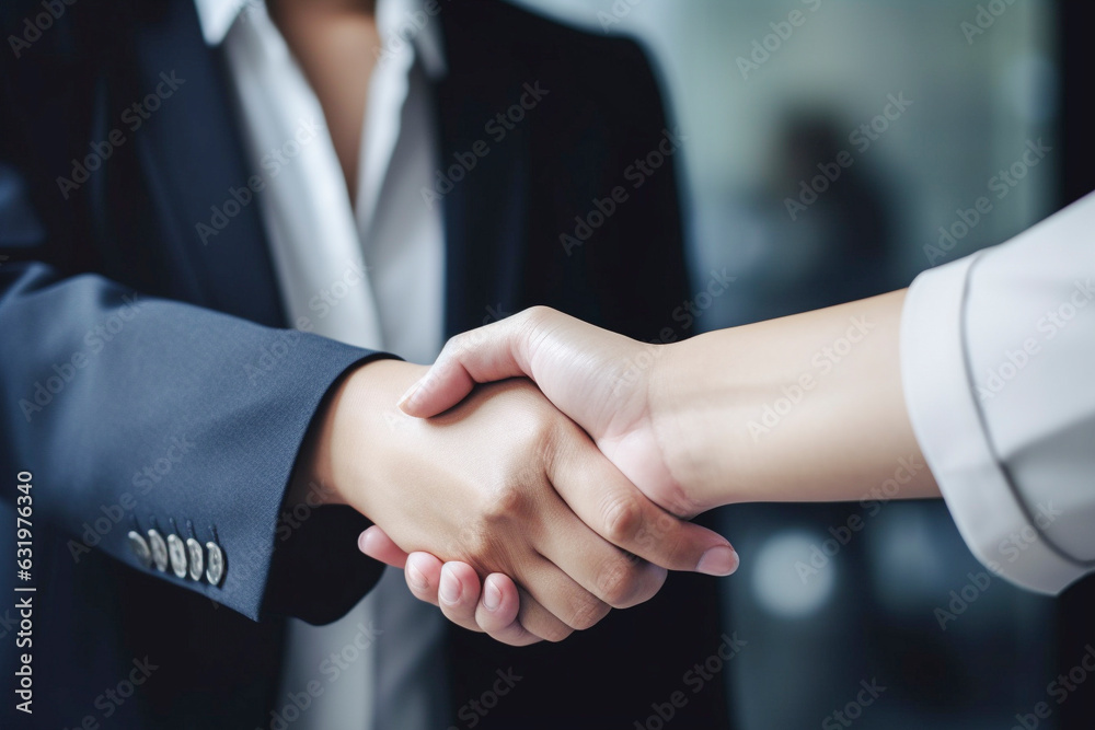 握手するビジネスマンとビジネスウーマンの手のクローズアップ　AI生成画像 - obrazy, fototapety, plakaty 