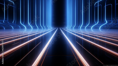 Futuristic Sci Fi Modern Elegant Alien Dark Grunge Concrete Room With Classic Pantone Blue Glowing Triangle Shaped Neon Tubes Reflection Background 3D Rendering Illustration