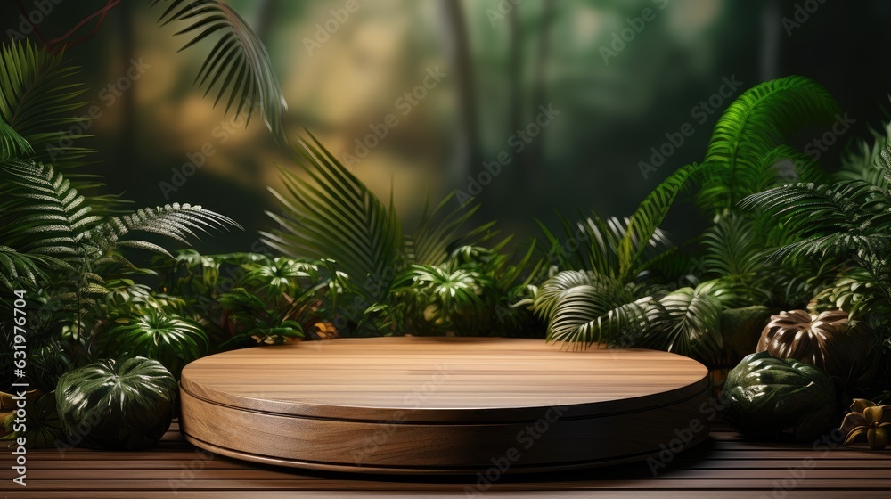 Wooden circle podium in tropical forest for product presentation and green background product display podium or stage, product showcase mock up