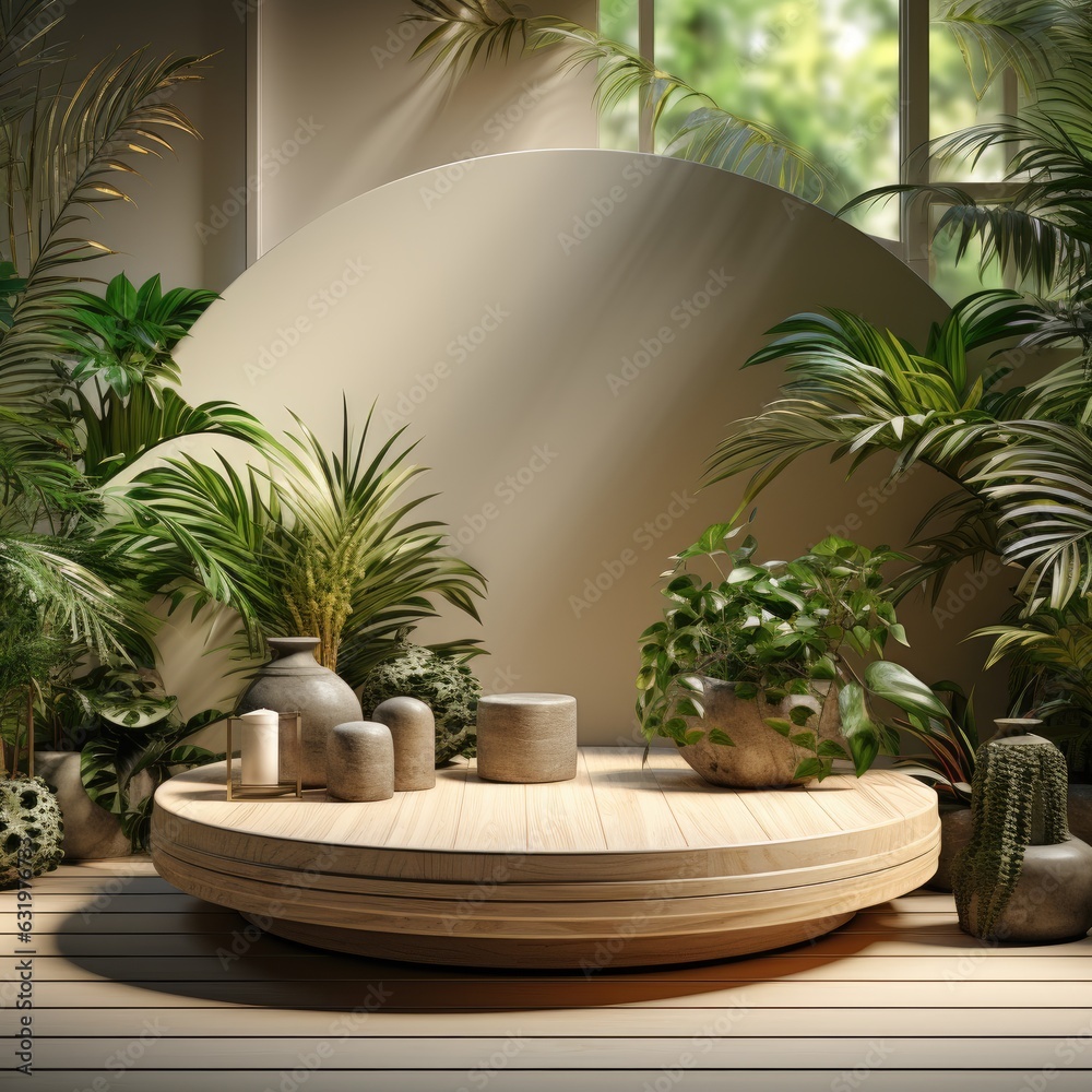 Wooden circle podium in tropical forest for product presentation and green background product display podium or stage, product showcase mock up