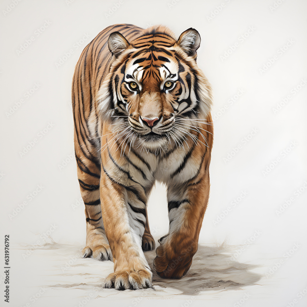 Brushstroke watercolor style realistic full body portrait of a tiger on white background Generated by AI 03