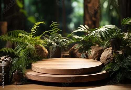 Wooden circle podium in tropical forest for product presentation and green background product display podium or stage  product showcase mock up