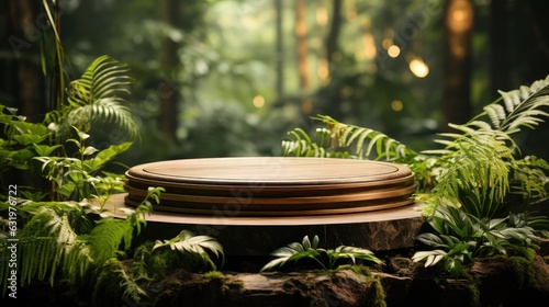 Wooden circle podium in tropical forest for product presentation and green background product display podium or stage, product showcase mock up © ND STOCK