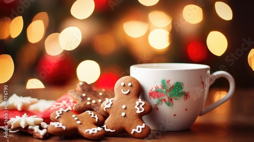 Gingerbread christmas cookies near to hot steaming cacao in colorful funny christmas mug. Generative AI
