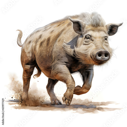 Brushstroke watercolor style realistic full body portrait of a warthog on white background Generated by AI 03