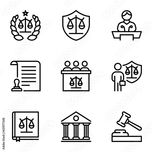 law and justice line icons set. jail, judge, justice, lawyer, legal, attorney, authority, certificate, law, judgment, police, contract, court, government, stroke, crime, document