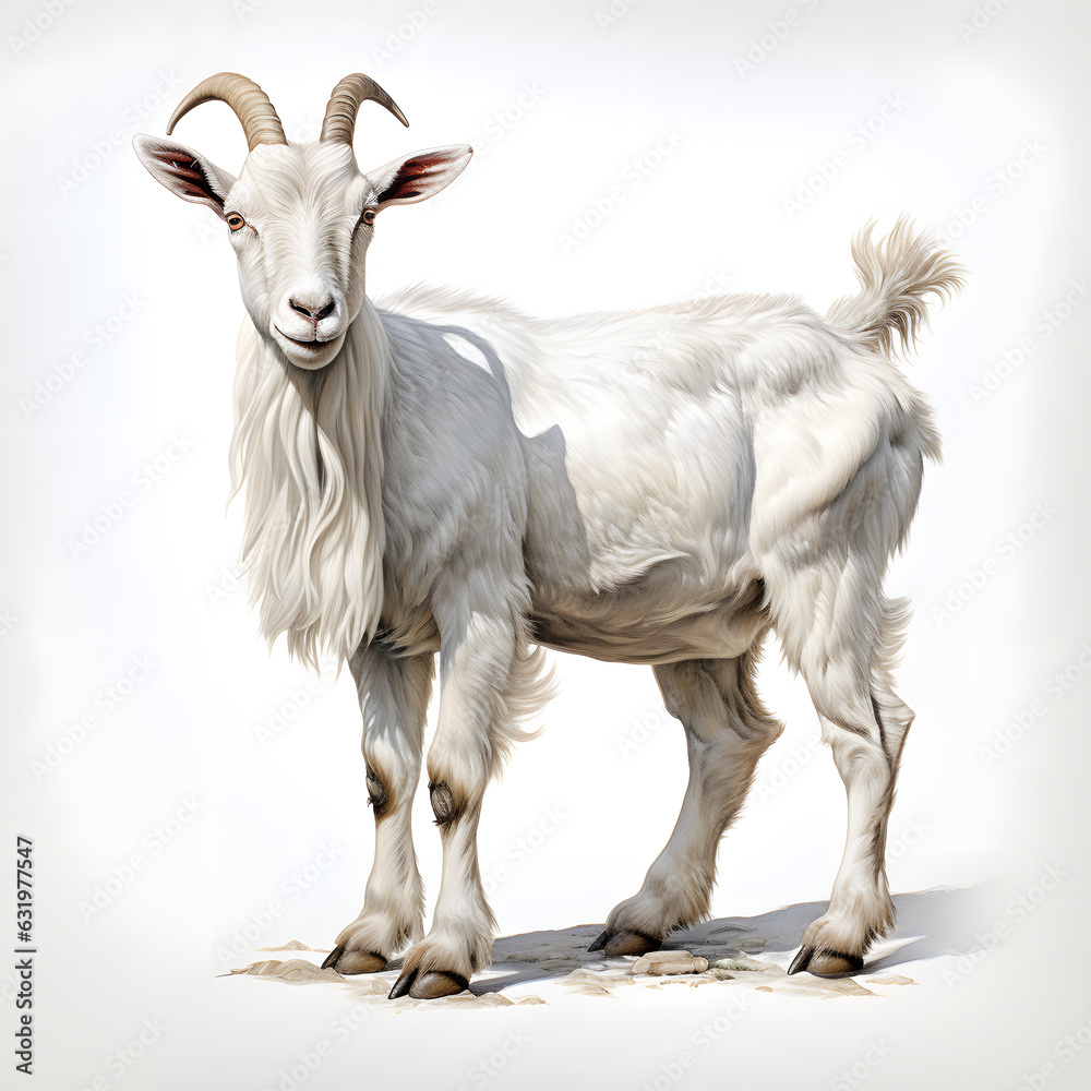 Brushstroke watercolor style realistic full body portrait of a white goat on white background Generated by AI 02
