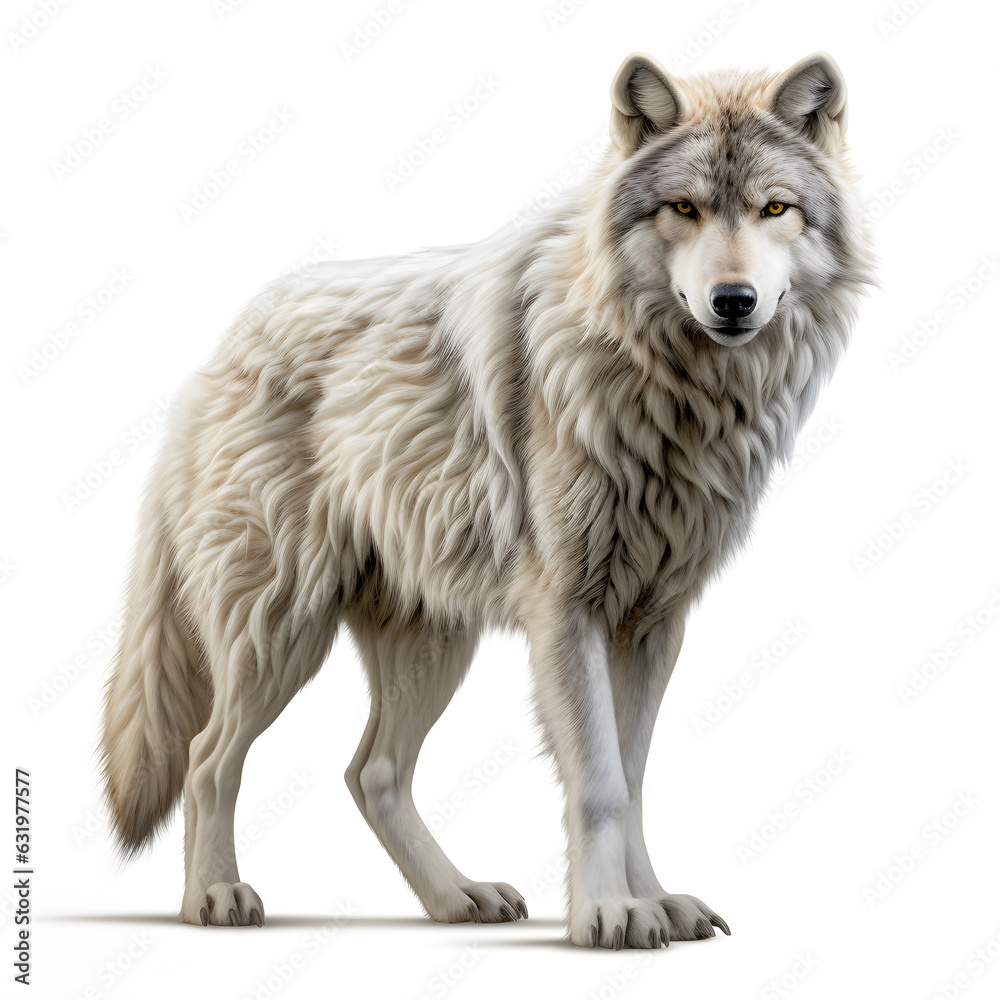 Fototapeta premium Brushstroke watercolor style realistic full body portrait of a Wolf on white background Generated by AI 01